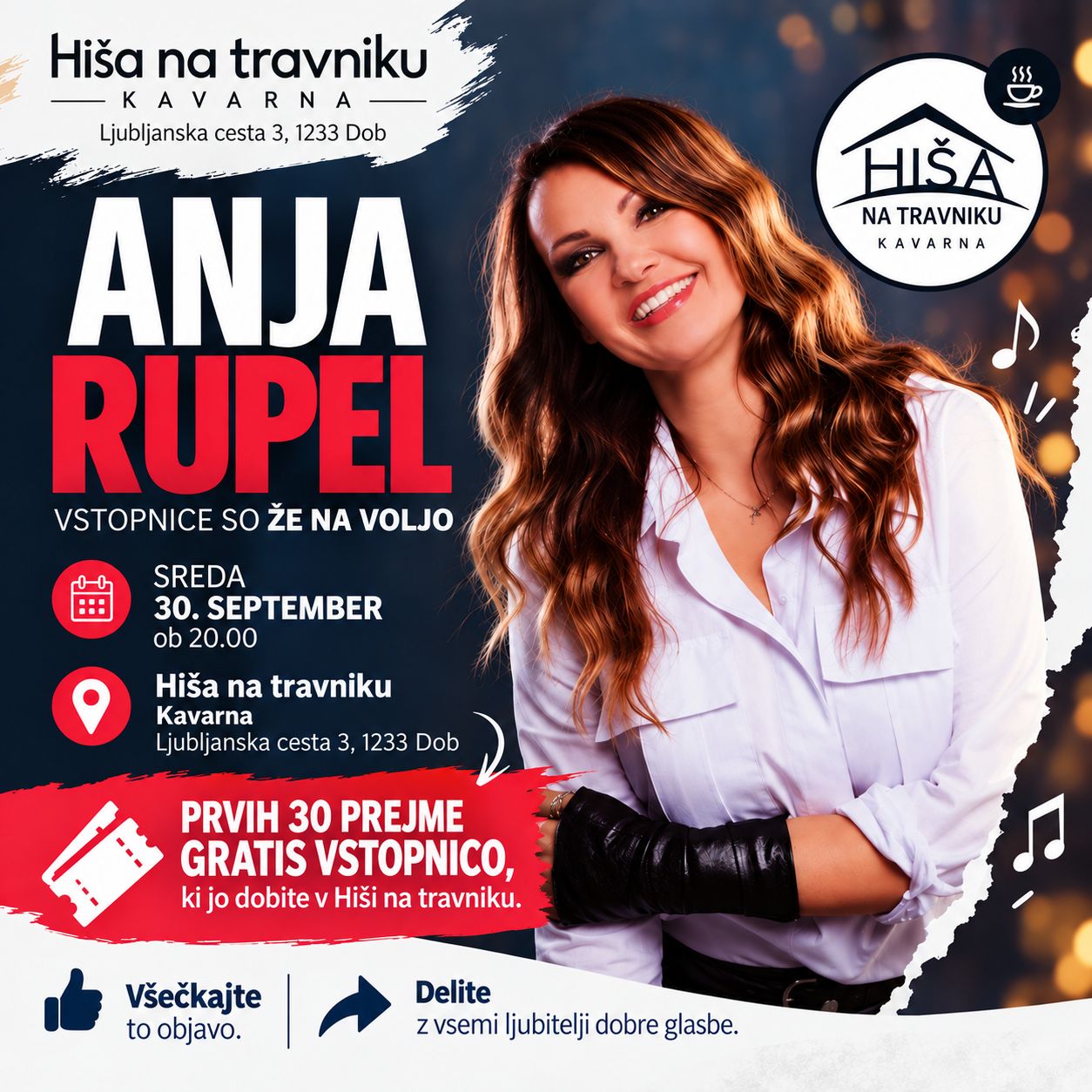 Anja Rupel – nastop v Hiši na travniku v Dobu 30. septembra 2026